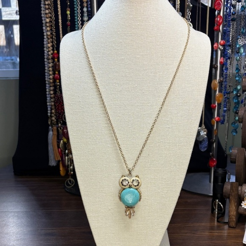 Chic Gold and Turquoise Owl Pendant Necklace